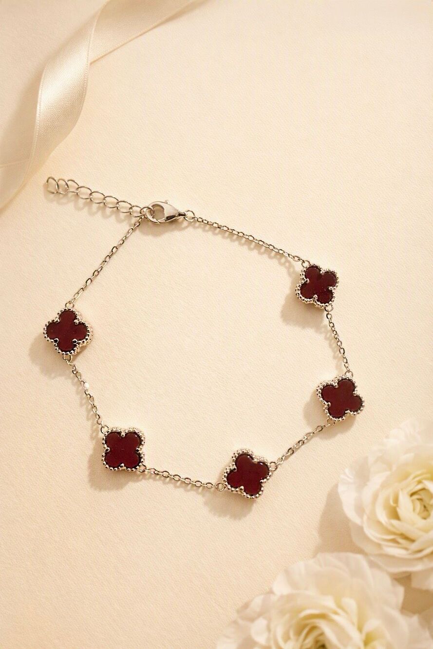Sterling Silver Burgundy Stone Clover Bracelet Dainty Adjustable Chain Lucky